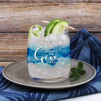 Gin-Glas umlaufend bedruckt mit blauem Watercolour und It`s Gin O´Clock mit Wunschname