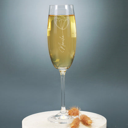 Sektglas mit Blüte und Name graviert