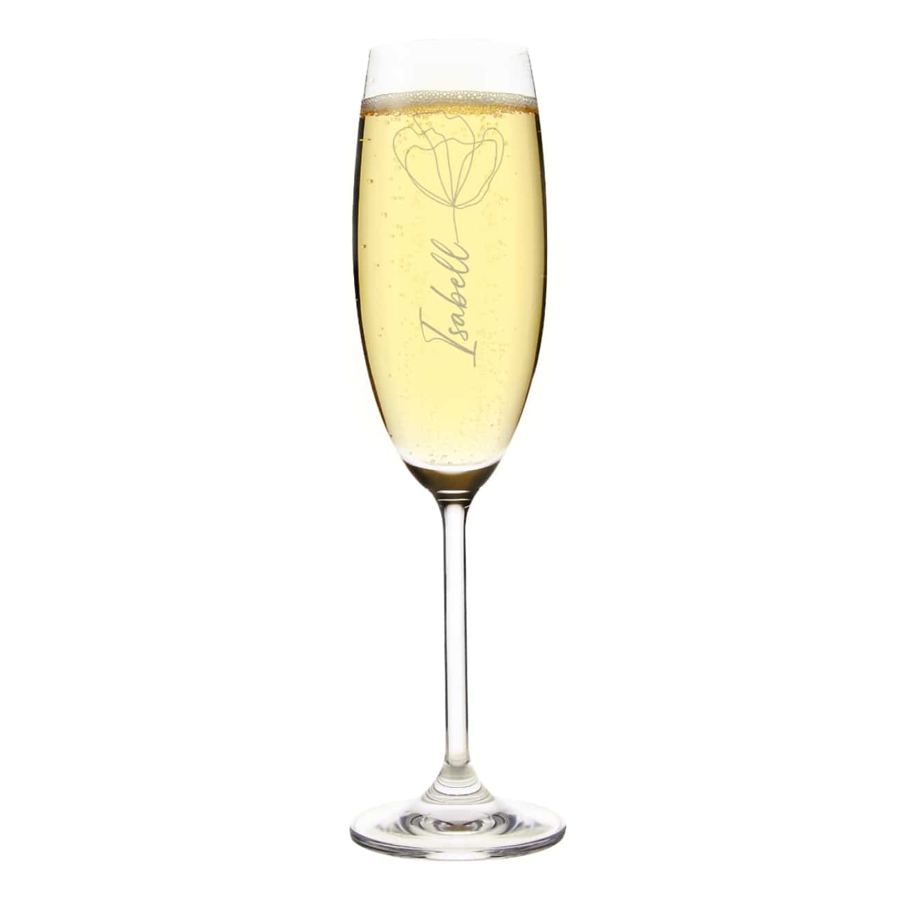 Modernes und edles Sektglas mit Lineart-Blume und Namensgravur