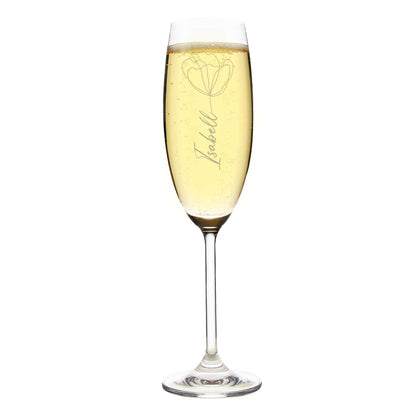 Modernes und edles Sektglas mit Lineart-Blume und Namensgravur
