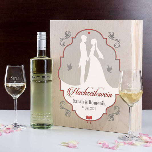 Hochzeitswein mit 2 gravierten Gläsern in edler Holzbox