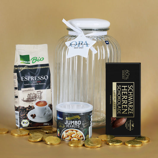 Gefüllte XL Glasdose - Opa seit - mit Schokolade, Espresso und Nüssen