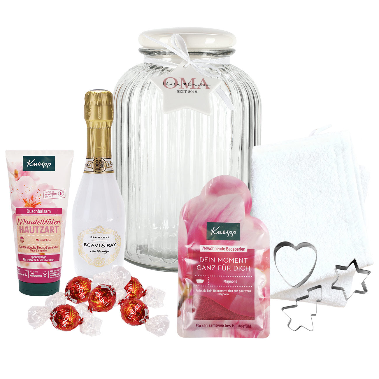 Pflege-Geschenkset im XXL Glas für Oma freigestellt auf weißem Hintergrund