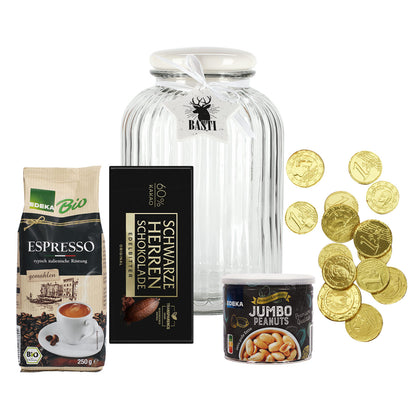 Geschenkset für Männer zu Weihnachten - Espresso, Schokolade und Nüsse in XL Glasdose
