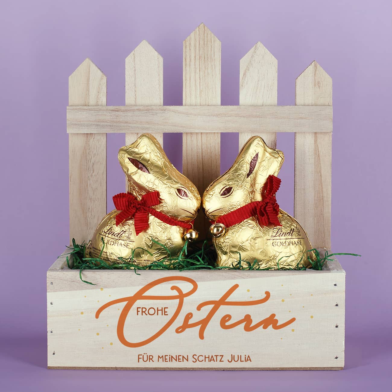 Osterkorb mit Zaun bedruckt mit Text nach Wunsch