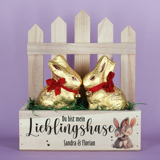 Geschenkset zu Ostern bestehend aus Geschenkkiste & zwei Lindt Goldhasen