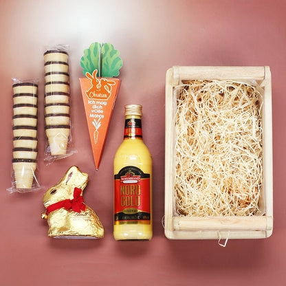 Schokolade von Lindt, Waffelbecher, Eierlikör & Geschenkkorb