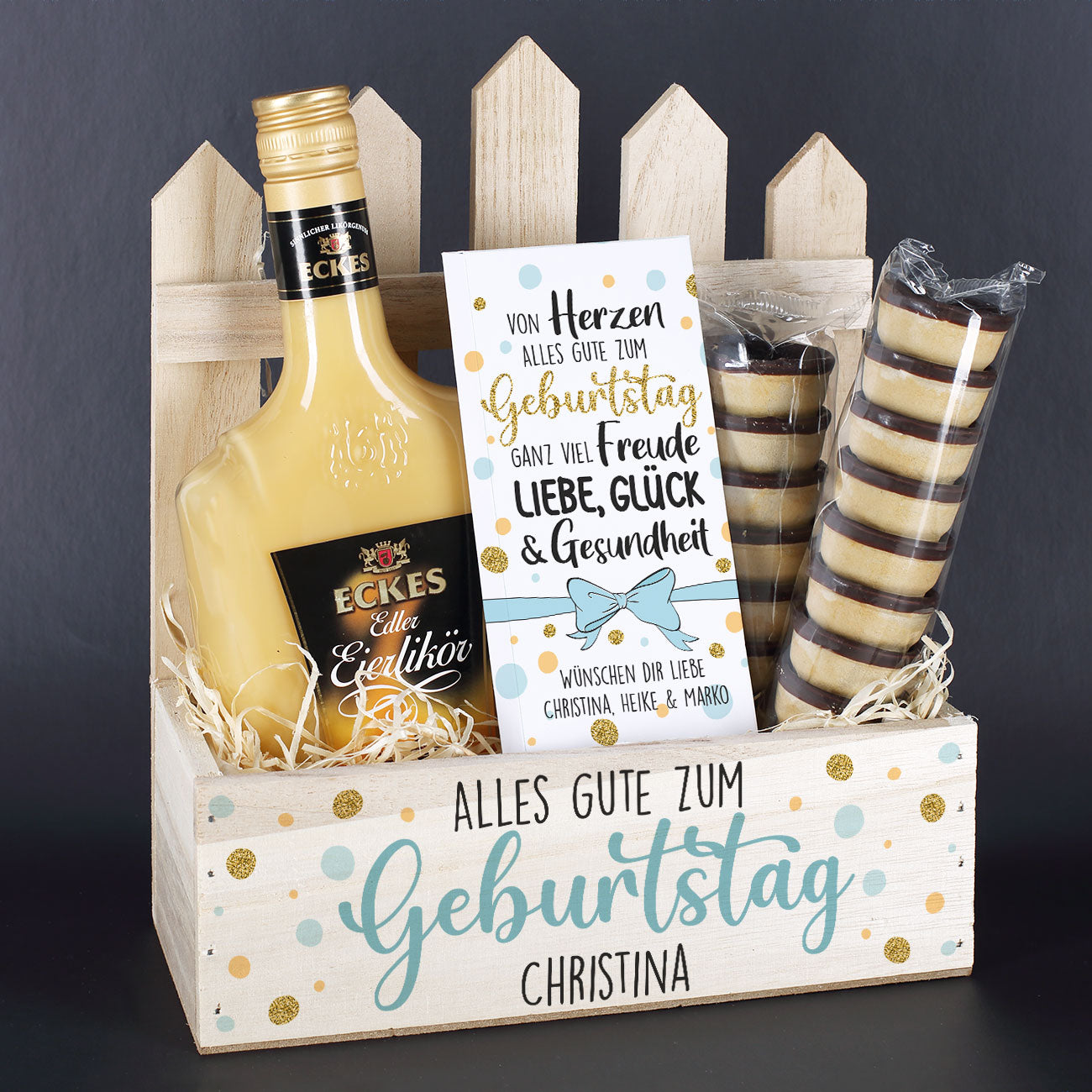 Mit Name & Text auf Geschenkkorb & Schokolade personalisiert