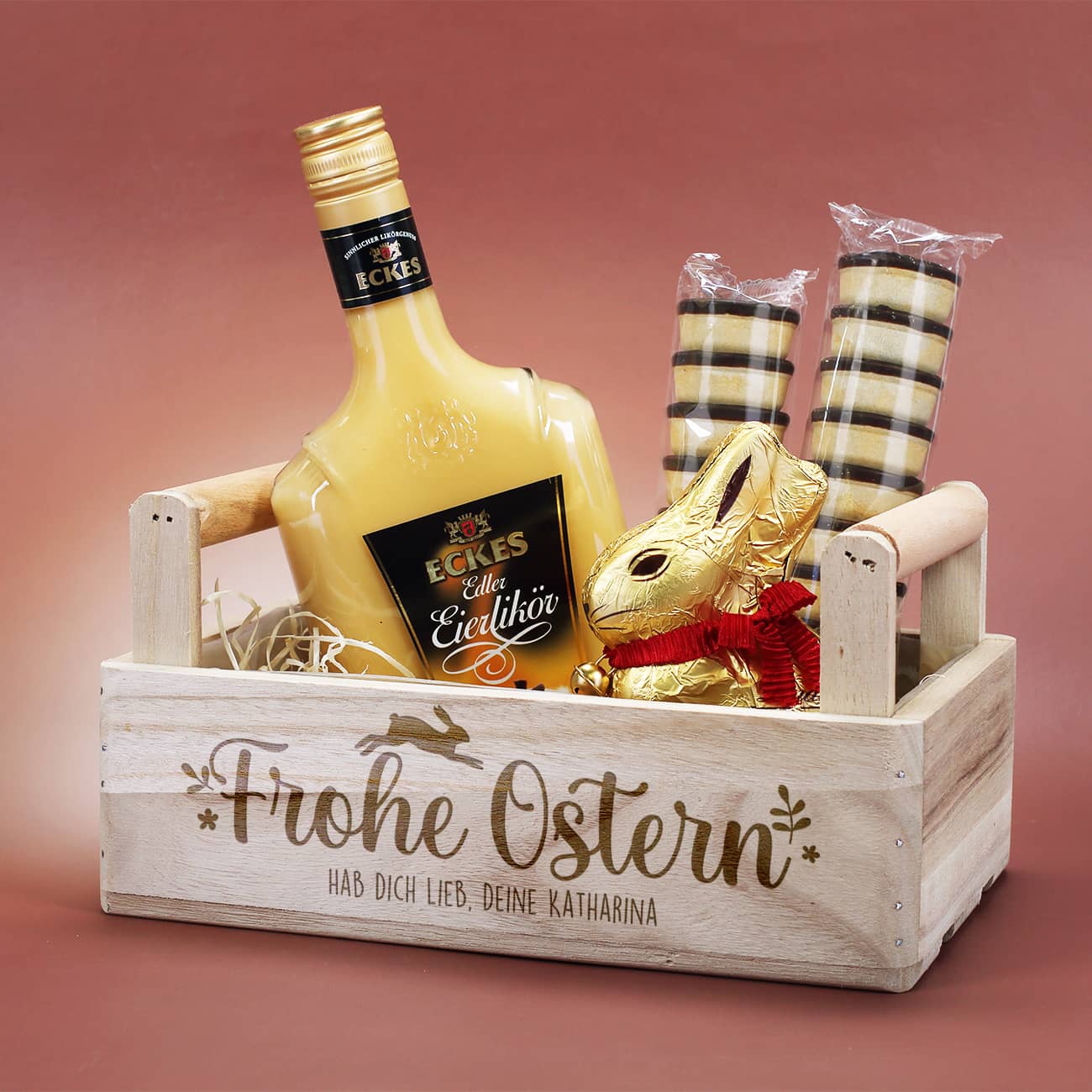 Geschenkset zu Ostern mit Eierlikör, Waffelbecher und Lindt Osterhase