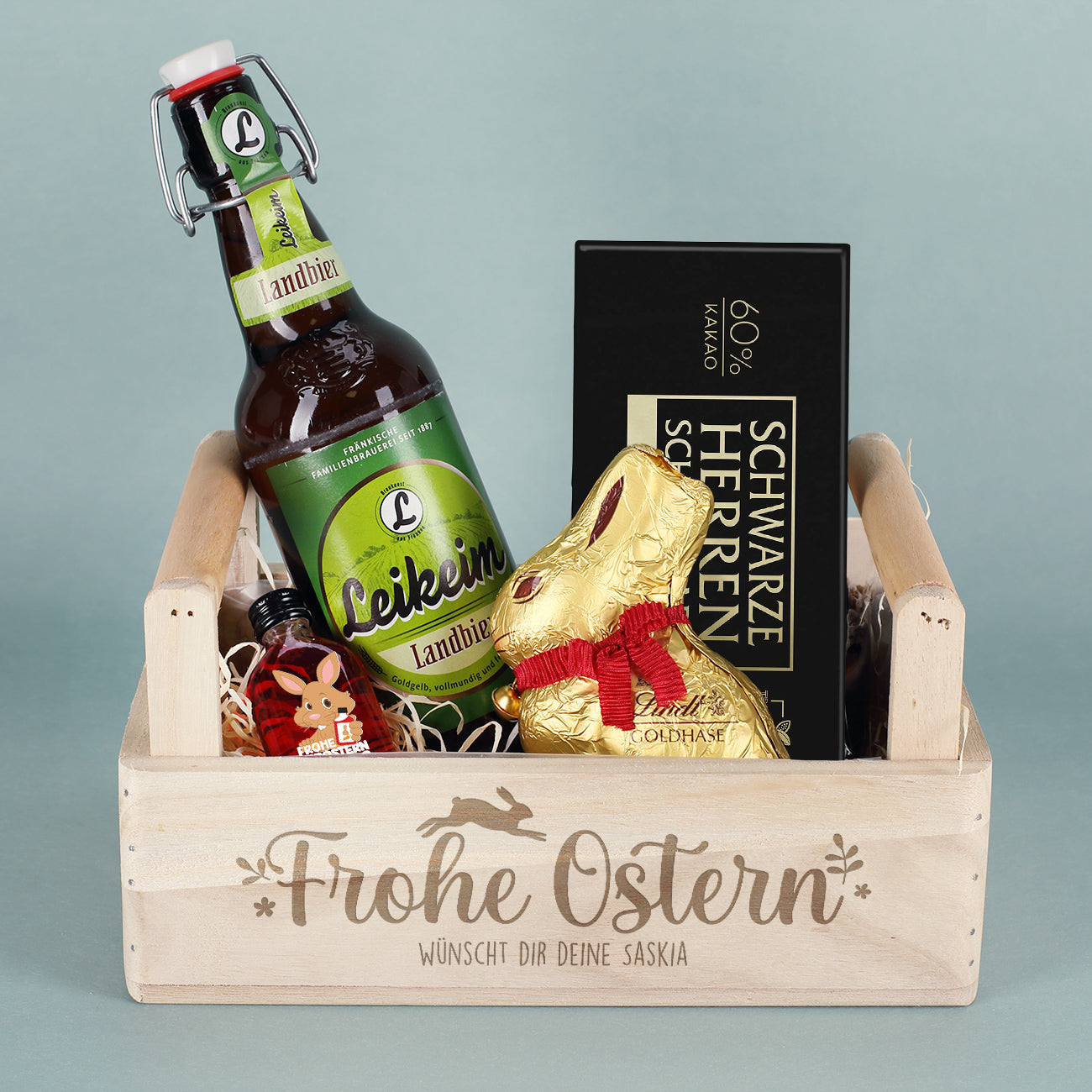 Männer Geschenkset zu Ostern, mit Herrenschokolade, Bier, Schnaps und Lindt Goldhase
