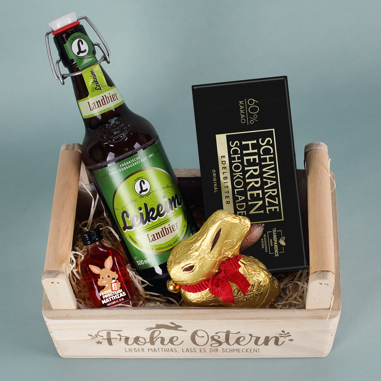 Männer Geschenkset zu Ostern, mit Herrenschokolade, Bier, Schnaps und Lindt Goldhase