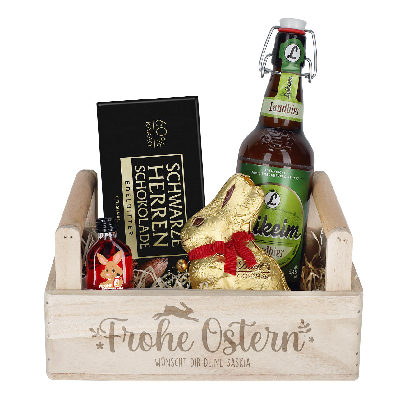 Männer Geschenkset zu Ostern, mit Herrenschokolade, Bier, Schnaps und Lindt Goldhase