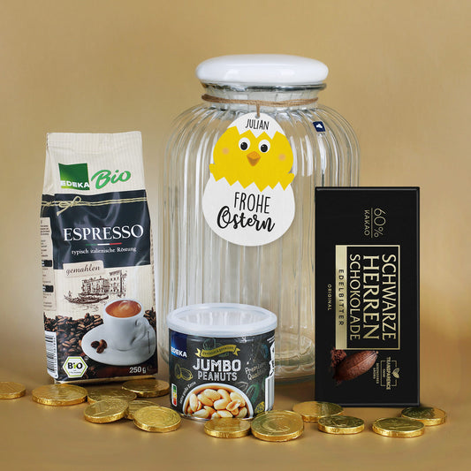 Geschenkset zu Ostern in großer Glasdose mit süßem Kükenanhänger