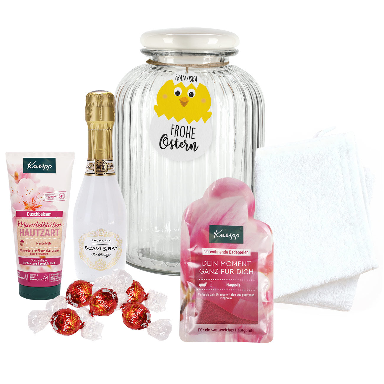 Geschenkset zu Ostern in großer Glasdose mit süßem Kükenanhänger
