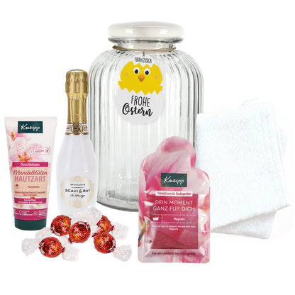 Geschenkset zu Ostern in großer Glasdose mit süßem Kükenanhänger
