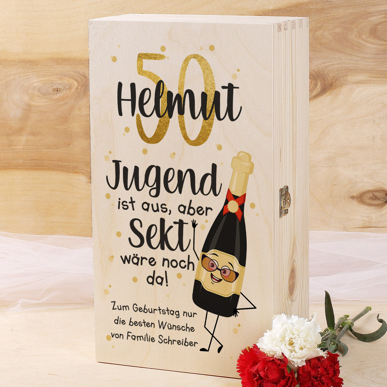 Holzbox als Verpackung personalisiert mit Alter, Name & Text