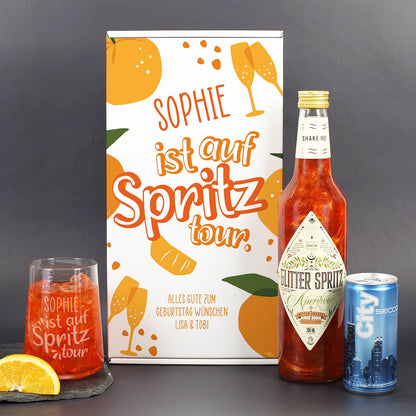 Geschenkset "Auf Spritztour" mit Glitter Spritz, einem gravierten Glas & Secco