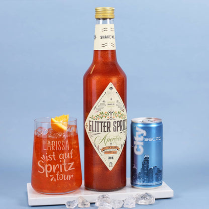 Edler Glitter spritz mit passendem Secco & graviertem Glas
