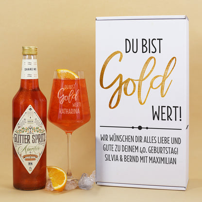 Du bist Gold wert! - Glitter Spritz Geschenkset mit Weinglas und Geschenkbox | Getränkeauswahl