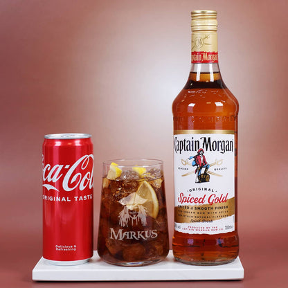 Dose Cola, Glas mit Namensgravur & Flasche Captain Morgan