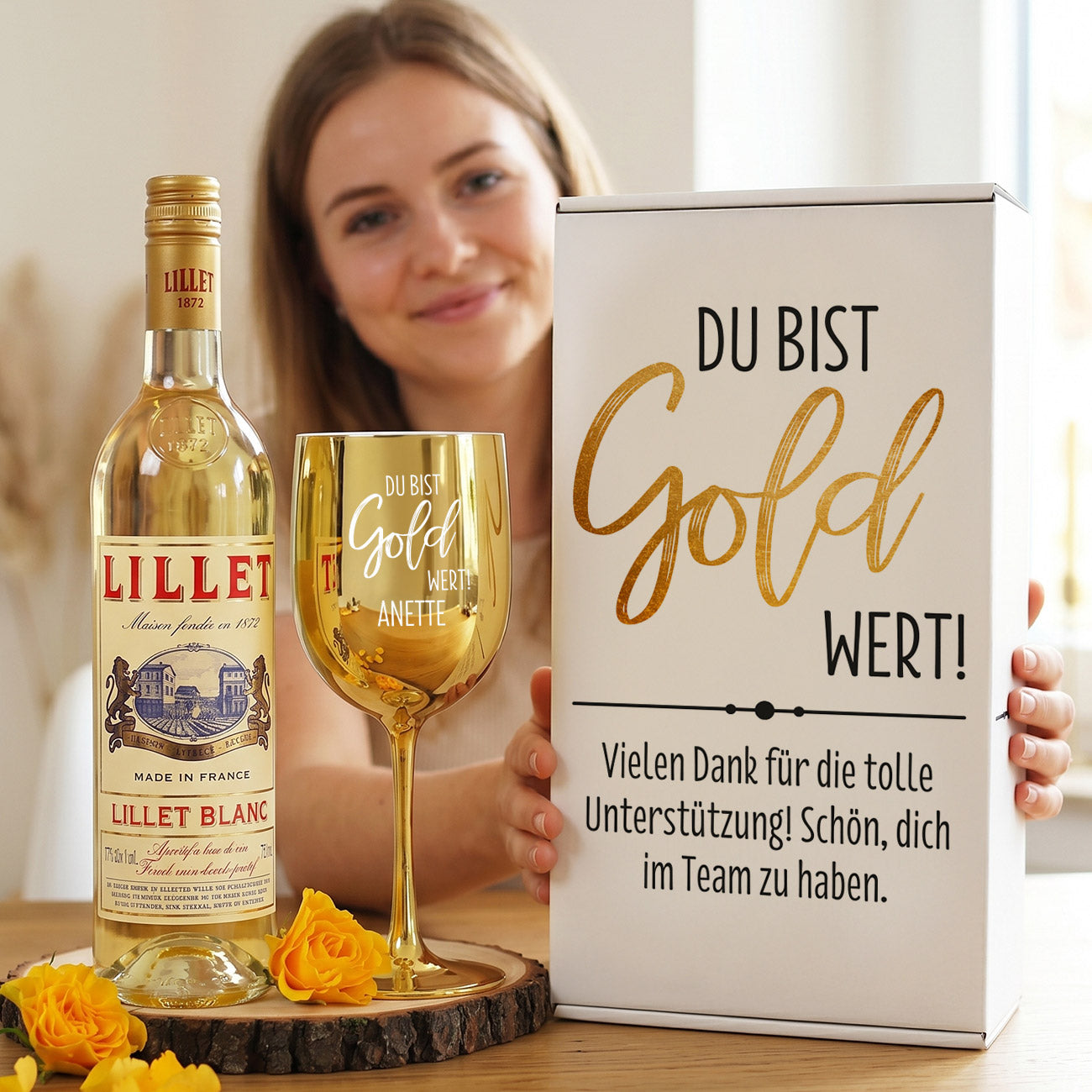 Du bist Gold wert! Geschenkset mit Lillet Blanc und Trinkkelch und Wunschtext