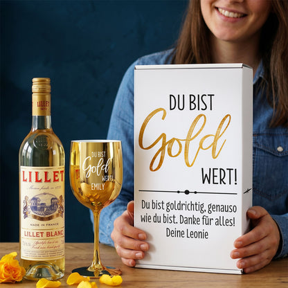 Geschenkset mit Lillet Blanc und Gold farbenen Kelch – Du bist Gold wert! 