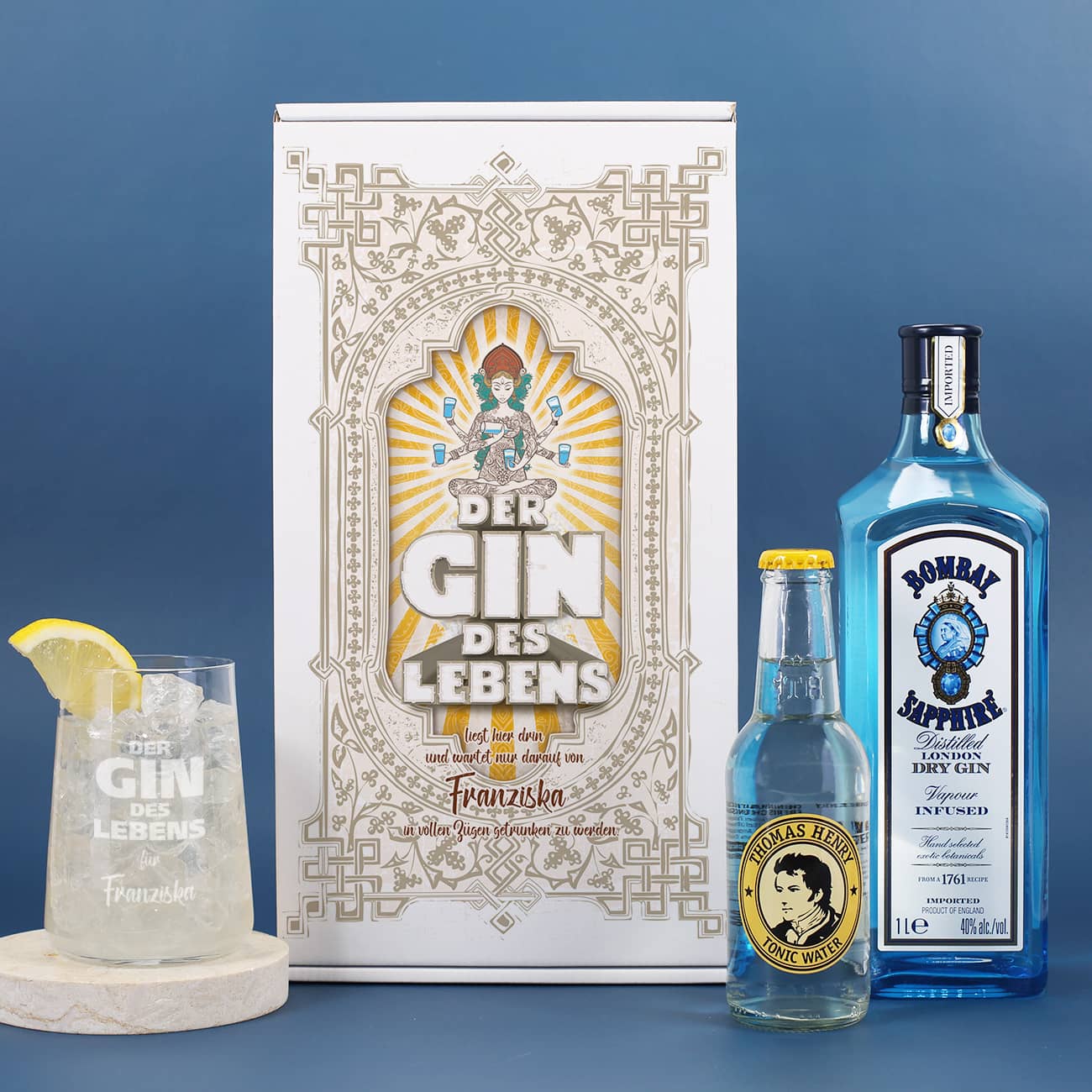 Gin Geschenkset mit graviertem Glas, Tonic Water & Geschenkkiste