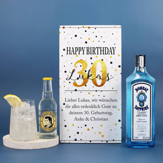 Geschenkset zum Geburtstag mit Gin, Tonic Water & graviertem Flas
