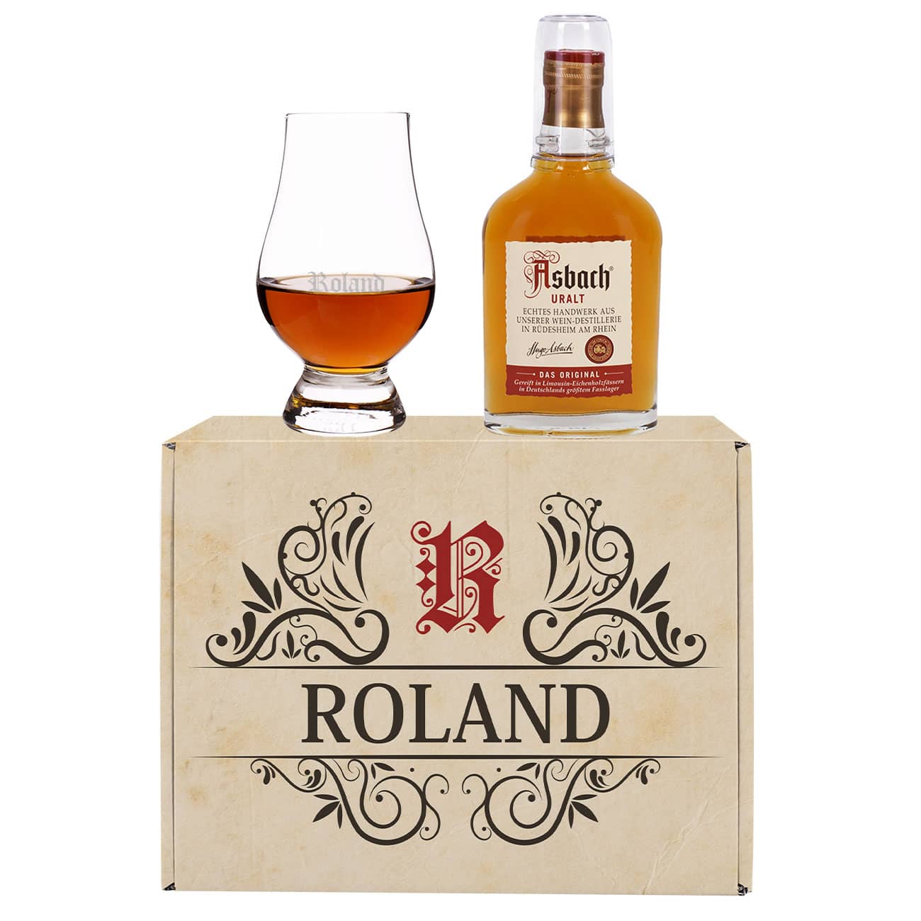 Geschenkbox mit Namensaufdruck, kleine Flasche Asbach Uralt Weinbrand & Weinbrandglas mit Namensgravur