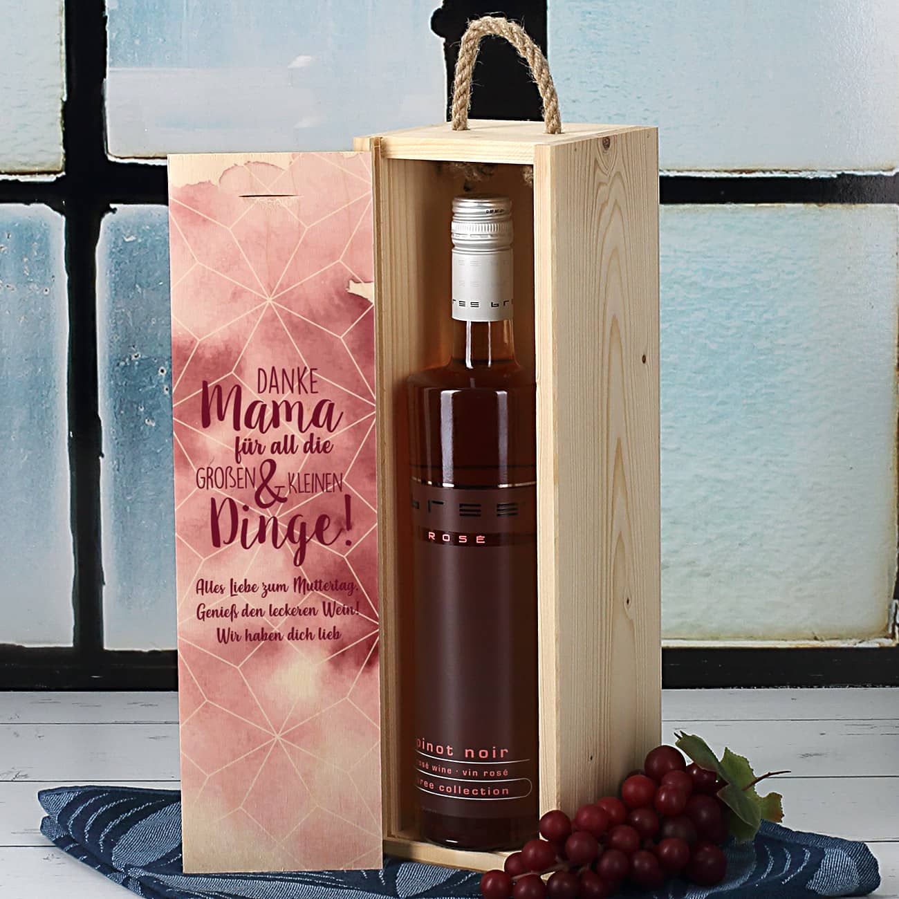 Muttertagsgeschenk - Weinflasche in bedruckter Holzbox mit Ihrem Wunschtext