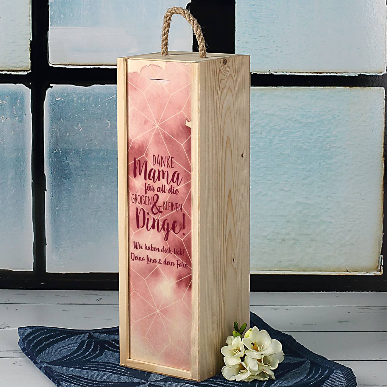 Muttertagsgeschenk - Weinflasche in bedruckter Holzbox mit Ihrem Wunschtext