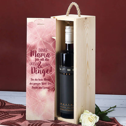 Muttertagsgeschenk - Weinflasche in bedruckter Holzbox mit Ihrem Wunschtext