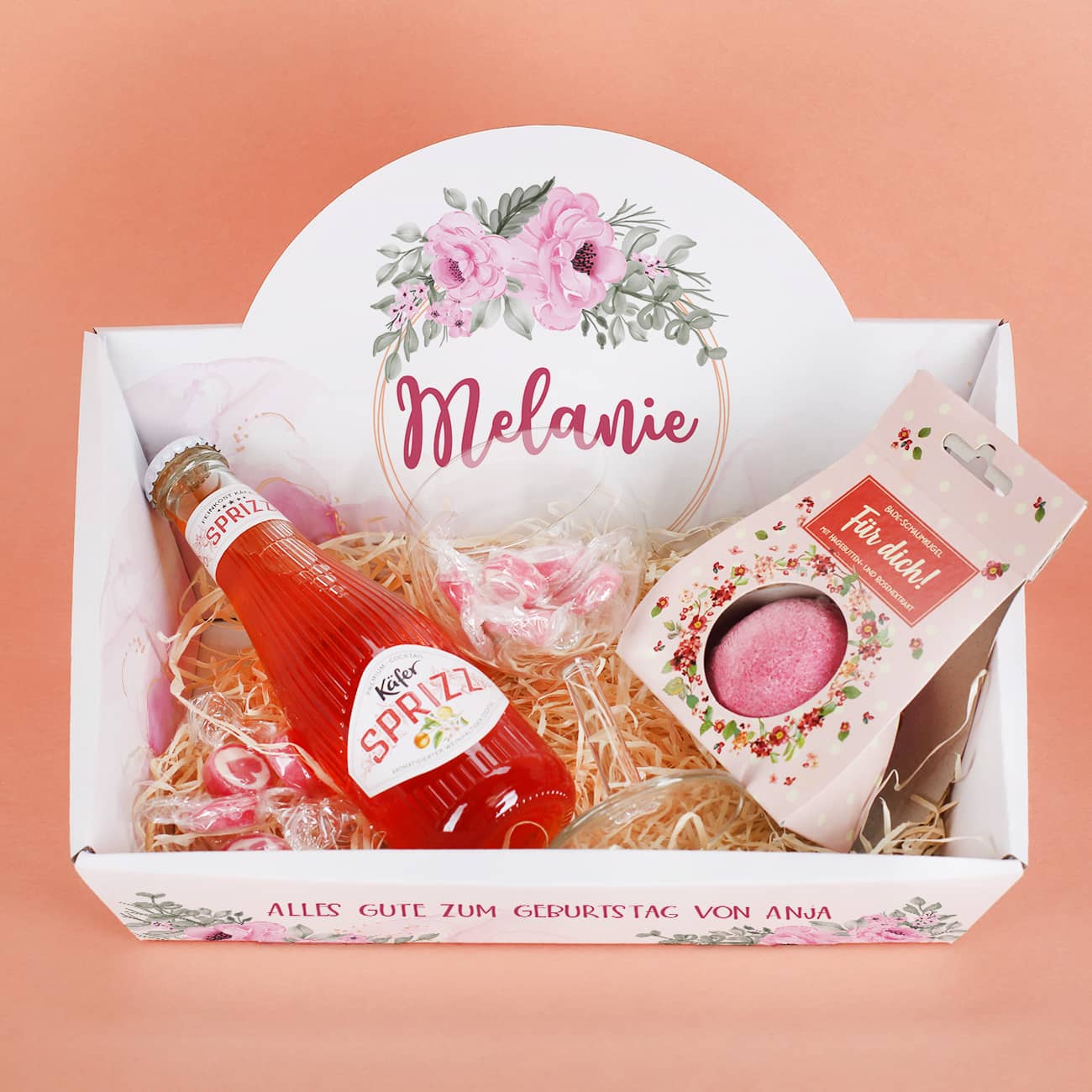 Käfer Sprizz, Badekugel, Weinglas & Bonbons