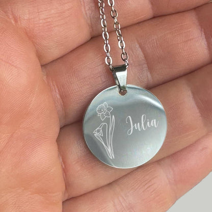 Geburtsblumen-Halskette mit Name graviert