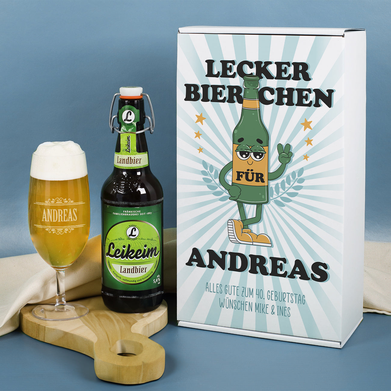 Lecker Bierchen - Personalisiertes Geschenkset mit Bierglas, Flasche Leikeim Bier & Geschenkbox