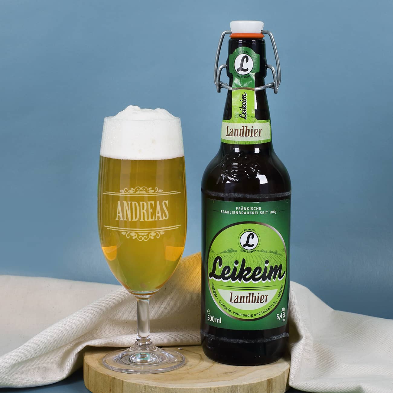 Gravierte Pilstulpe & Flasche Leikeim Landbier