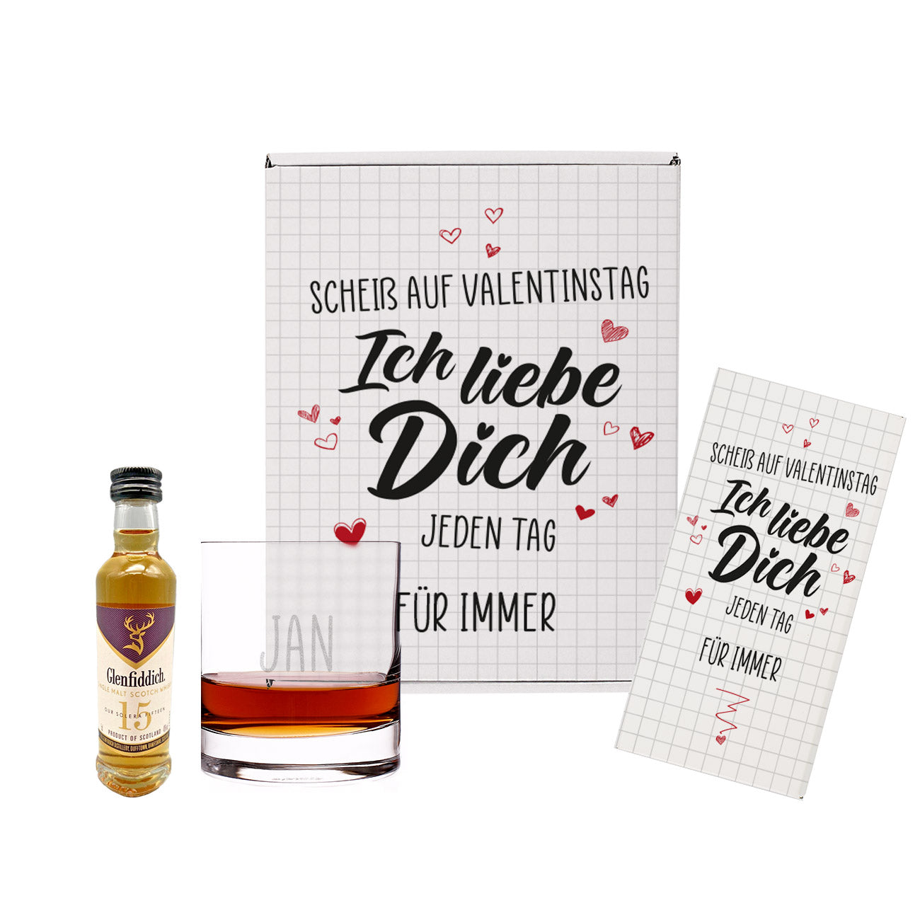 Whisky Set zum Valentinstag mit Glas und Schokolade
