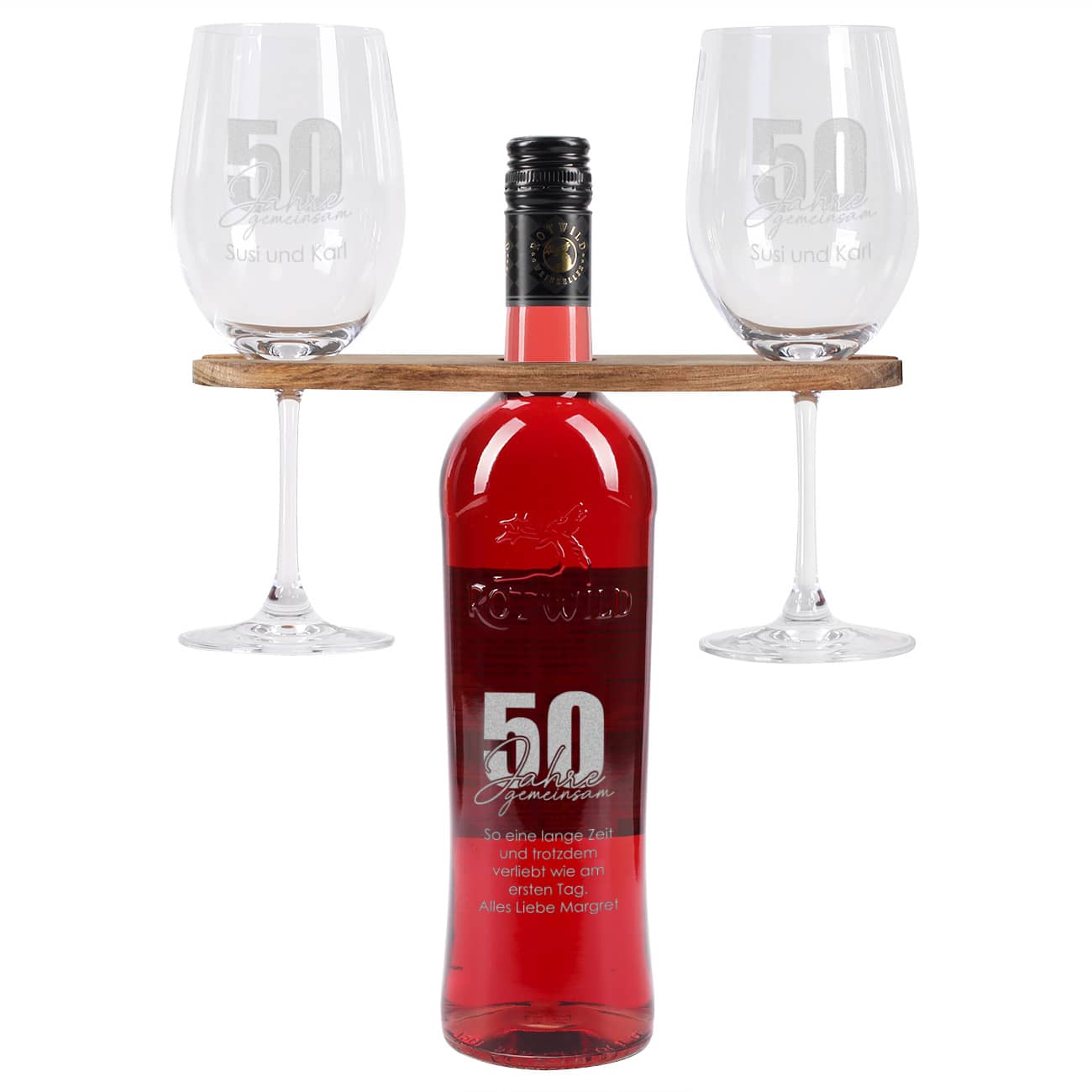 50 Jahre gemeinsam - Geschenkset zur goldenen Hochzeit mit Wein nach Wahl, Wunschnamen und Text
