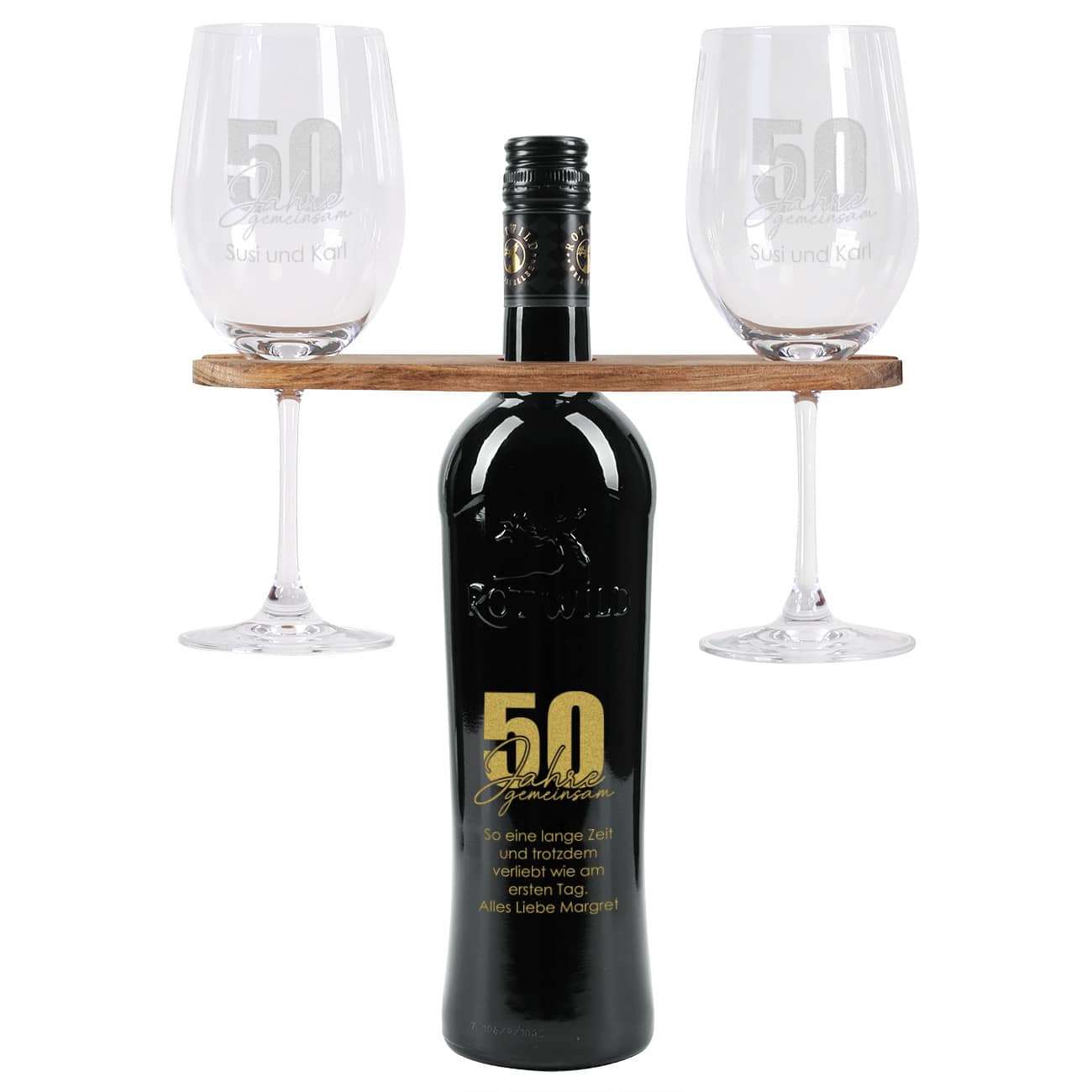 50 Jahre gemeinsam - Geschenkset zur goldenen Hochzeit mit Wein nach Wahl, Wunschnamen und Text
