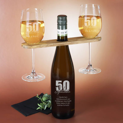 50 Jahre gemeinsam - Geschenkset zur goldenen Hochzeit mit Wein nach Wahl, Wunschnamen und Text