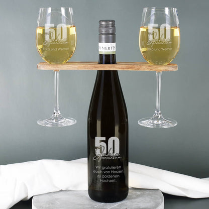 50 Jahre gemeinsam - Geschenkset zur goldenen Hochzeit mit Wein nach Wahl, Wunschnamen und Text