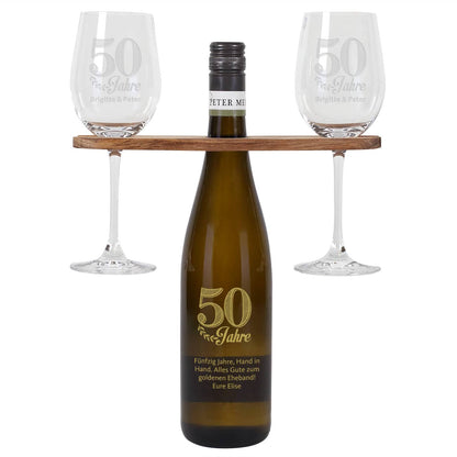 Wein-Geschenkset zur goldenen Hochzeit mit Wunschtext und Namen des Paares