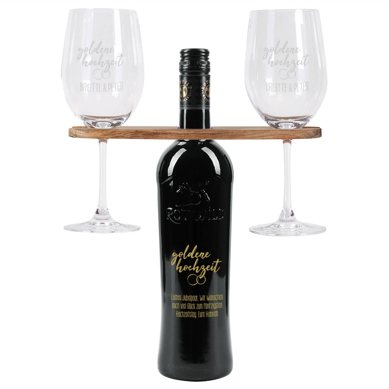 Goldene Hochzeit - Graviertes Geschenkset mit Weinflasche, Weingläsern und Weinbutler