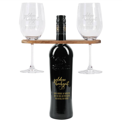 Goldene Hochzeit - Graviertes Geschenkset mit Weinflasche, Weingläsern und Weinbutler