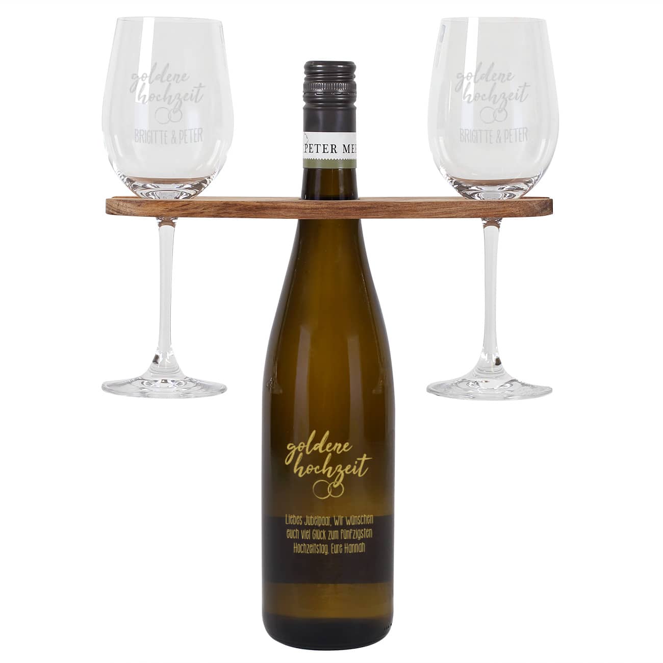 Goldene Hochzeit - Graviertes Geschenkset mit Weinflasche, Weingläsern und Weinbutler