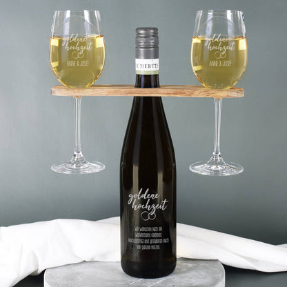 Goldene Hochzeit - Graviertes Geschenkset mit Weinflasche, Weingläsern und Weinbutler