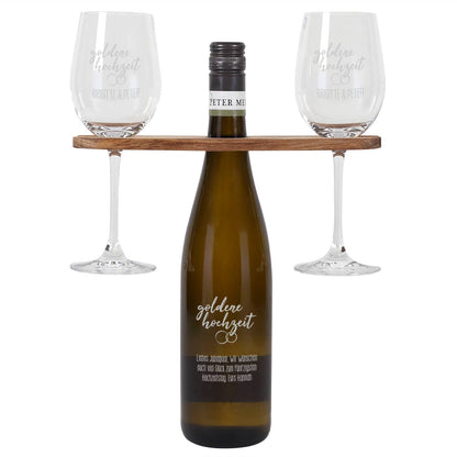 Goldene Hochzeit - Graviertes Geschenkset mit Weinflasche, Weingläsern und Weinbutler
