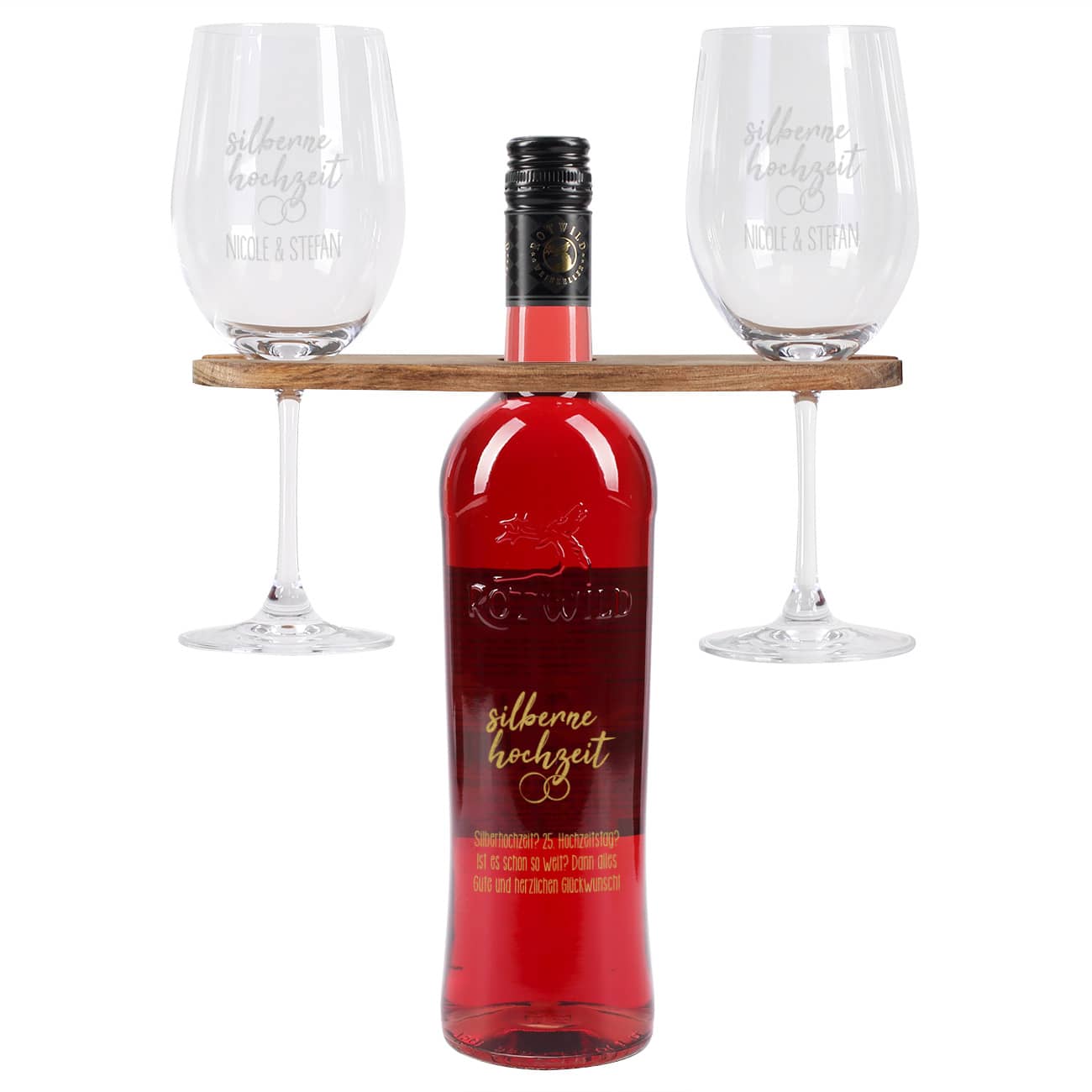 Silberne Hochzeit - Wein-Geschenkset mit Wunschtext und Namen graviert
