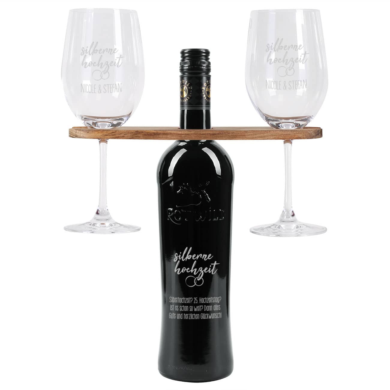 Silberne Hochzeit - Wein-Geschenkset mit Wunschtext und Namen graviert