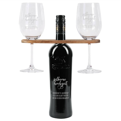 Silberne Hochzeit - Wein-Geschenkset mit Wunschtext und Namen graviert